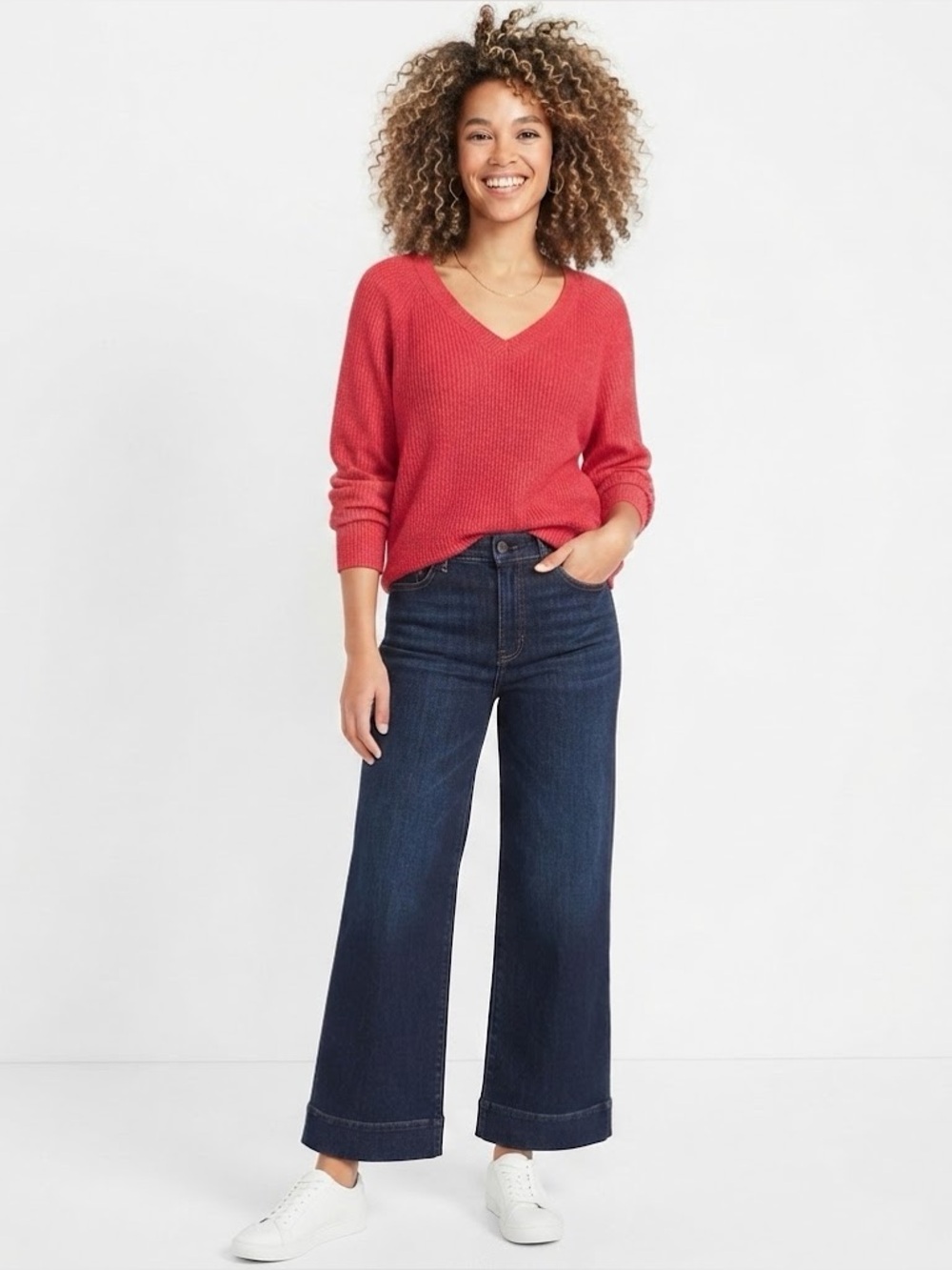 Old Navy red vneck chunky knit oversized sweater XL